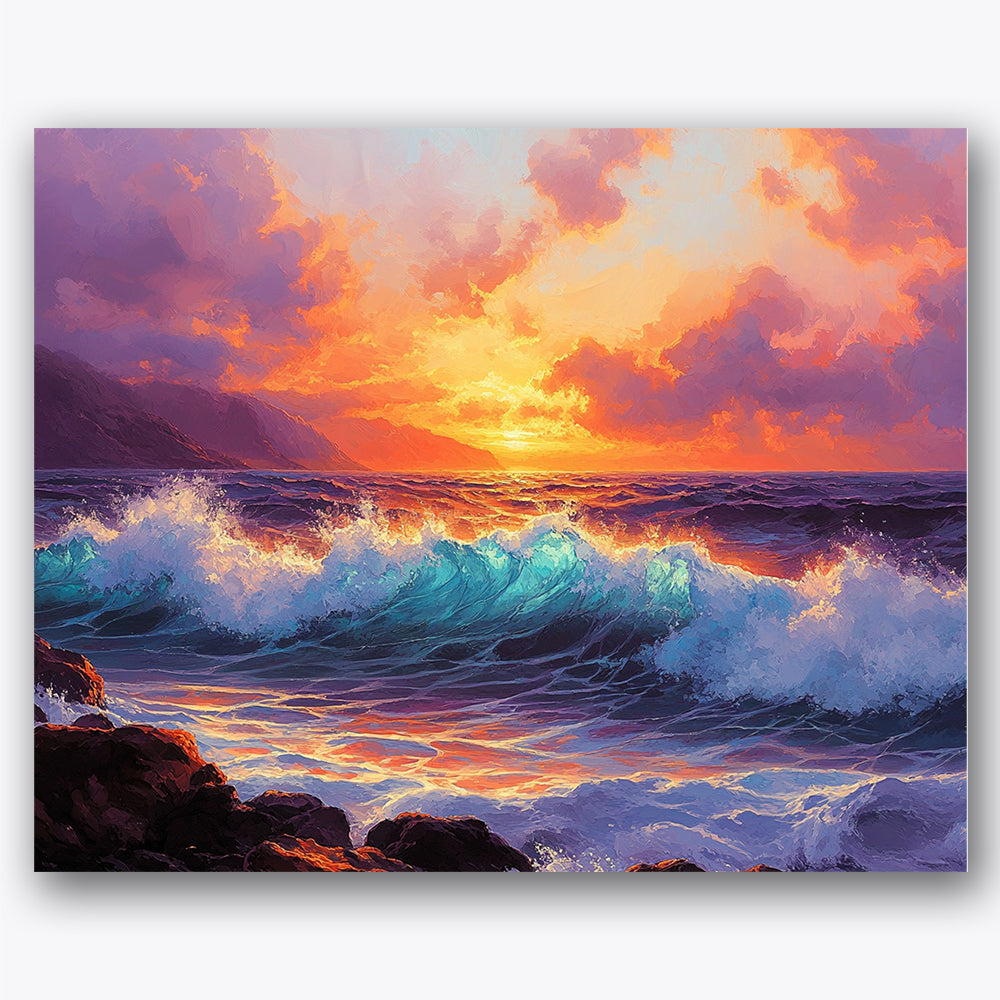 Paint by numbers design of ocean waves, rocky cliffs, crashing waves, rocky cliffs