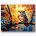 Paint by numbers design of owl, autumn leaves, owl with striking eyes, vibrant orange leaves