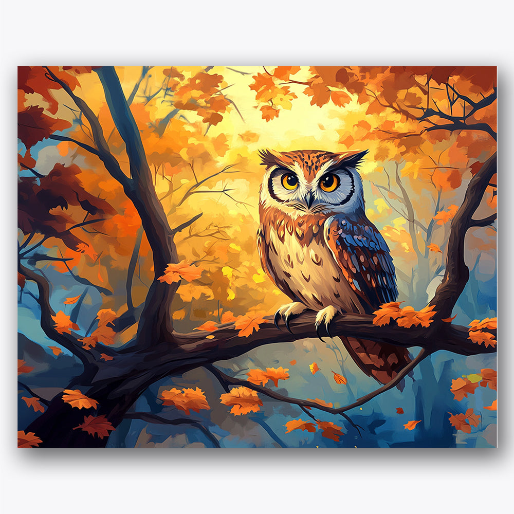 Paint by numbers design of owl, autumn leaves, owl with striking eyes, vibrant orange leaves