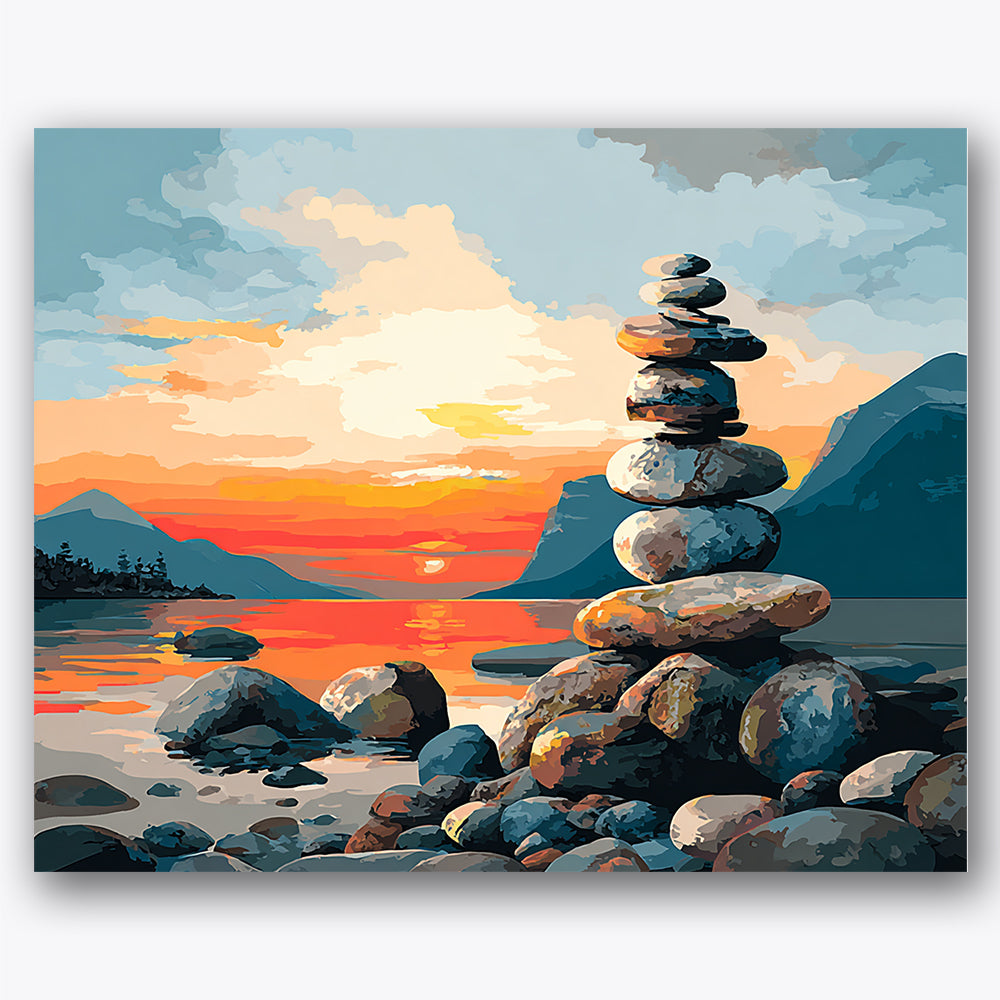 Paint by numbers design of balanced rocks, lakeside, stack of balanced rocks, vivid sunset sky
