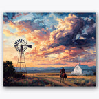 Paint by numbers design of cowboy, horse and windmill, dramatic sunset sky, silhouette windmill