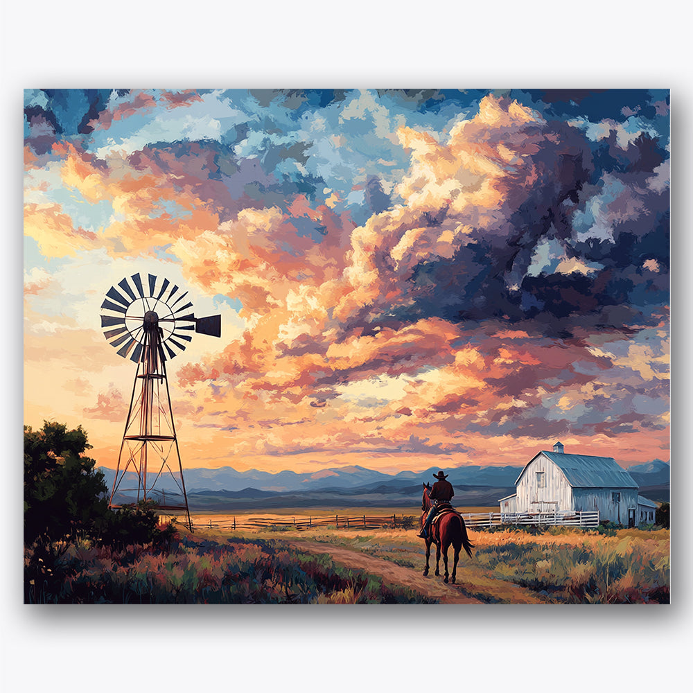 Paint by numbers design of cowboy, horse and windmill, dramatic sunset sky, silhouette windmill
