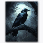Paint by numbers design of raven, full moon, detailed feathers, glowing full moon, A dark