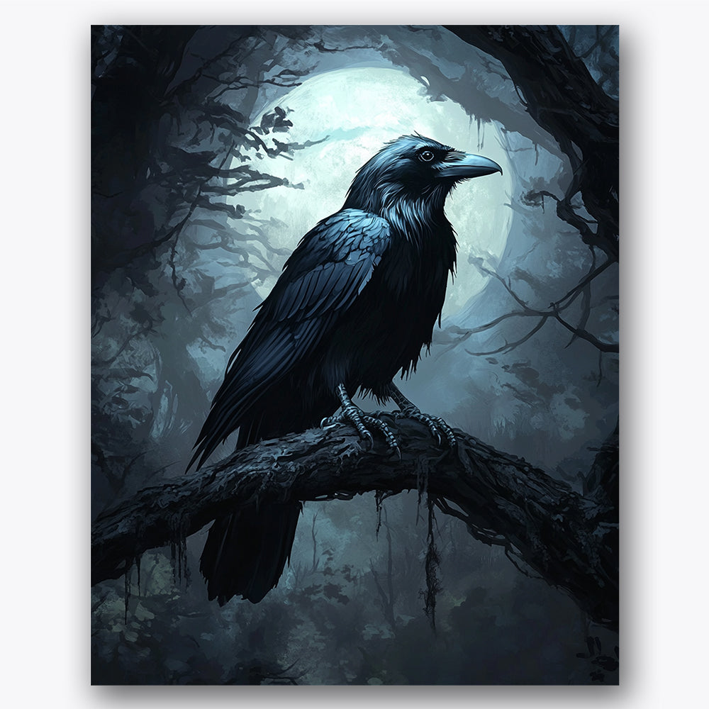 Paint by numbers design of raven, full moon, detailed feathers, glowing full moon, A dark