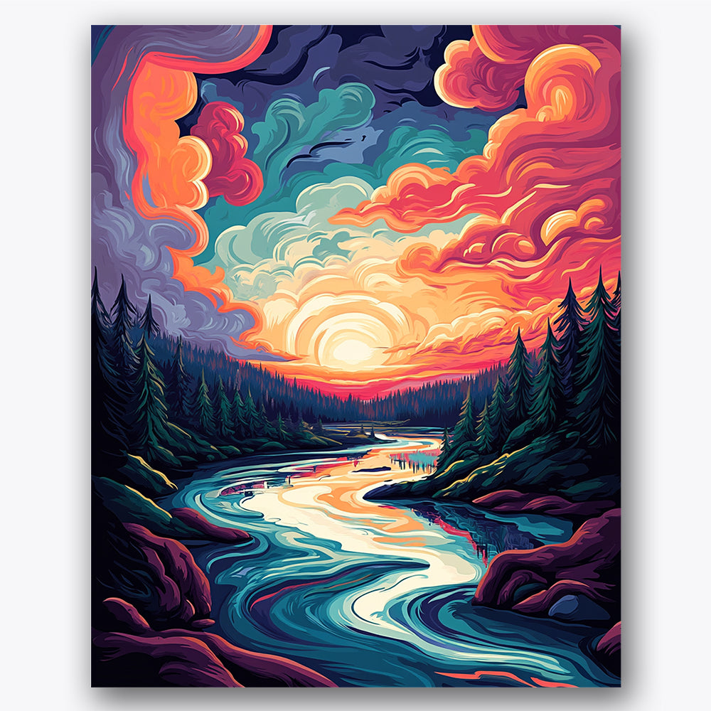 Paint by numbers design of sunset, river, vibrant sunset sky, winding river