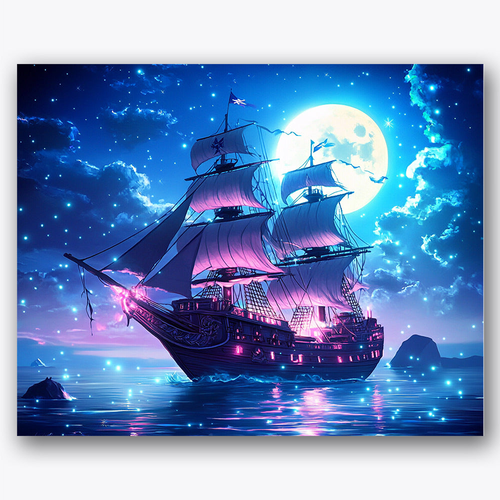 Paint by numbers design of ship, moon, glowing ship sails, bright full moon, A ship sails under a bright moonlit sky