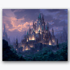 Paint by numbers design of castle, twilight sky, illuminated castle towers, dramatic twilight clouds