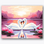 Paint by numbers design of swans, lotus flowers, pink lotus blooms, vivid sunset sky, Two swans on a lake during sunset