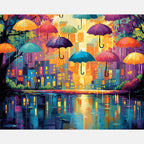 Umbrellas Over Vibrant Town Paint by Numbers Kit design preview showing the full artwork layout before painting