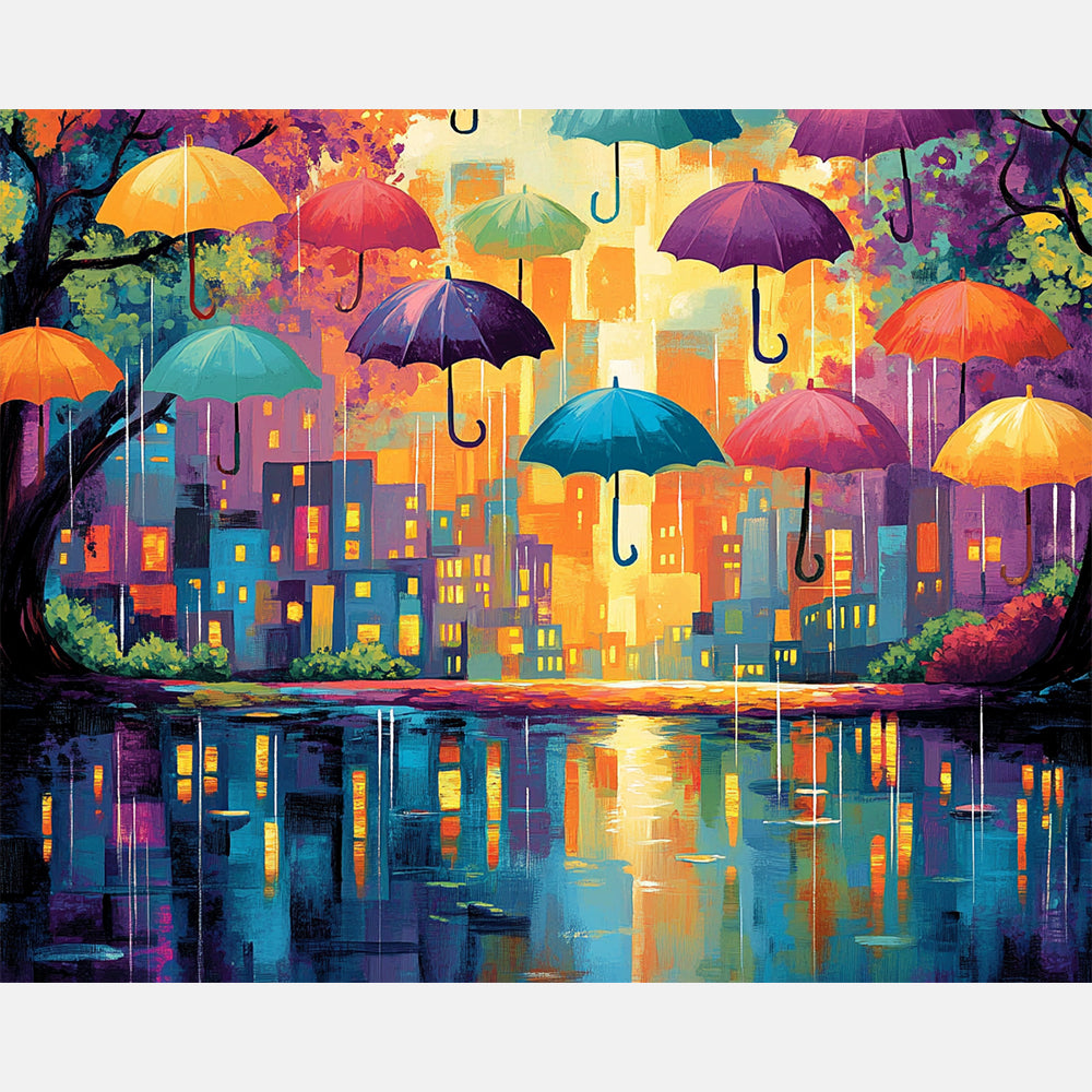 Umbrellas Over Vibrant Town Paint by Numbers Kit design preview showing the full artwork layout before painting