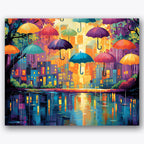 Paint by numbers design of umbrellas, illuminated town, Floating colorful umbrellas, Illuminated city buildings