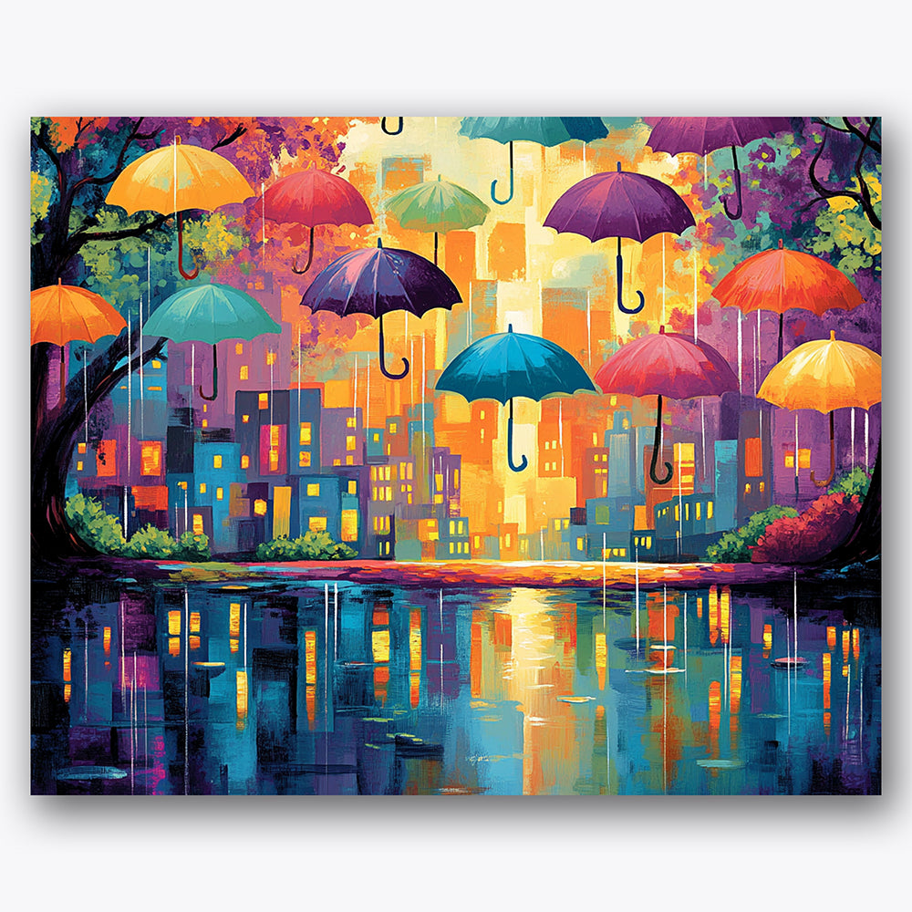 Paint by numbers design of umbrellas, illuminated town, Floating colorful umbrellas, Illuminated city buildings