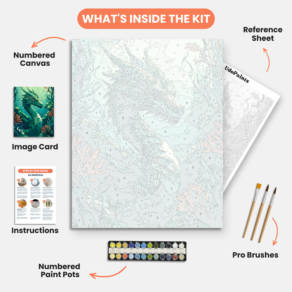 Underwater Dragon Paint by Numbers Kit – includes numbered canvas, paint pots, brushes, and instructions