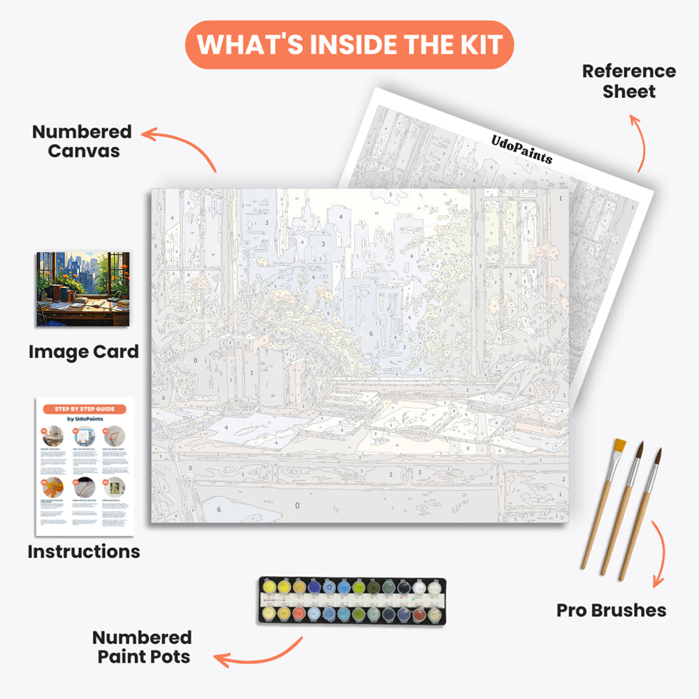 Urban Tranquility Paint by Numbers Kit – includes numbered canvas, paint pots, brushes, and instructions