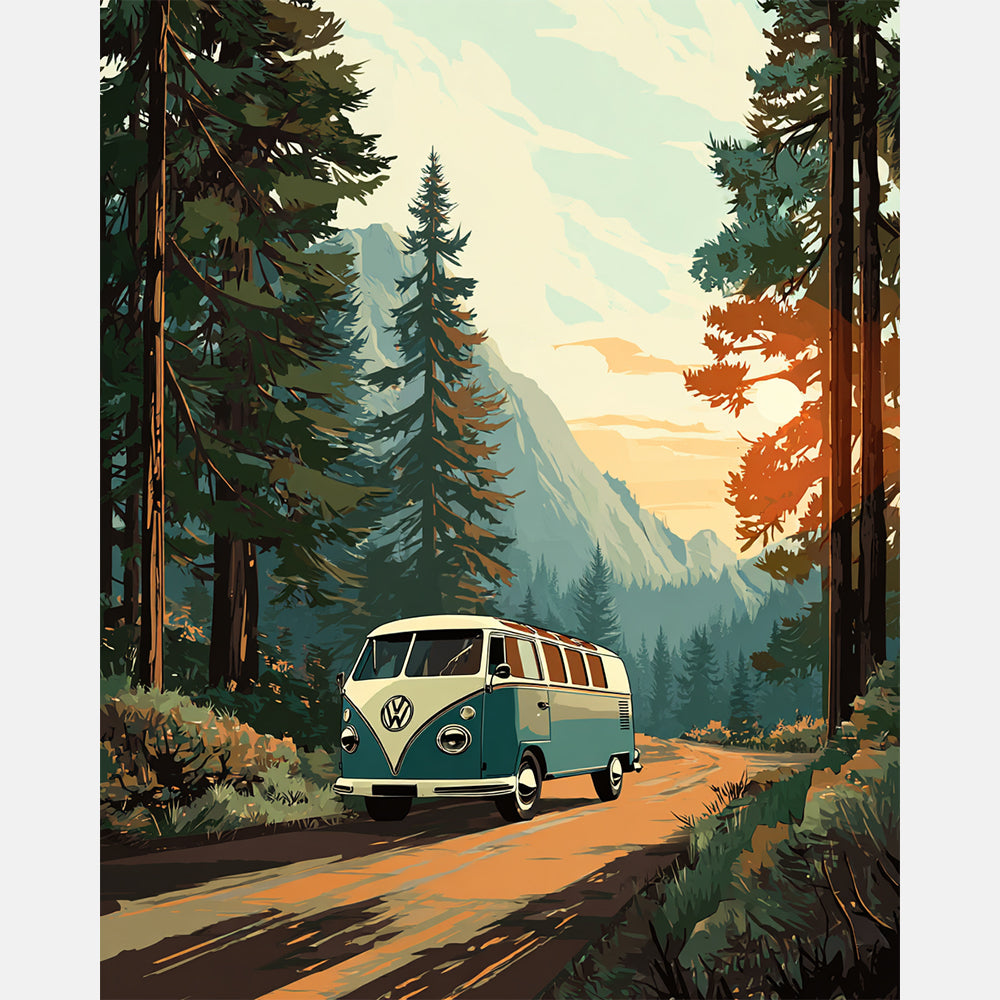 Van Life In Pines Paint by Numbers Kit design preview showing the full artwork layout before painting