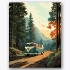 Paint by numbers design of vintage van, forest road, tall pine trees, vintage vehicle