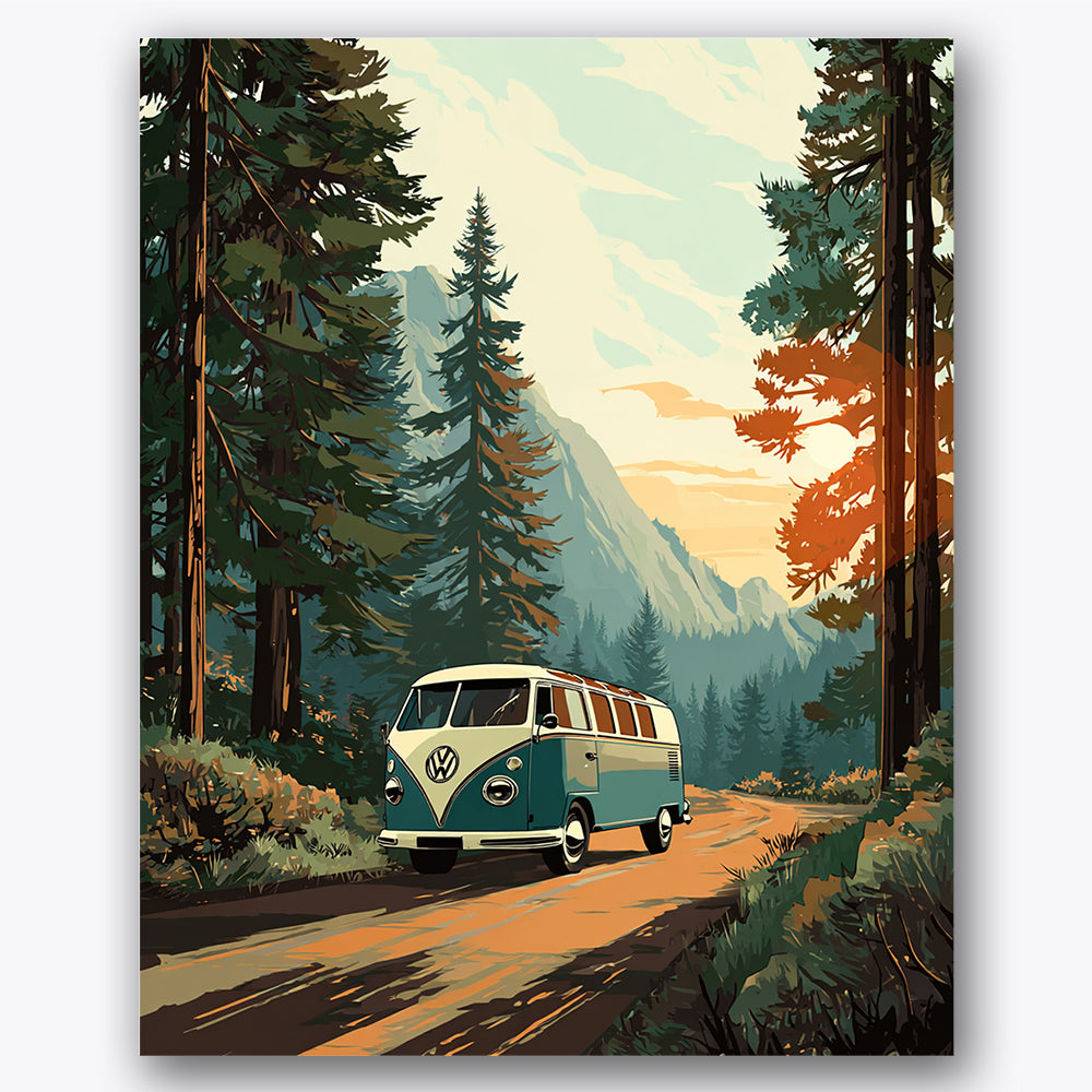 Paint by numbers design of vintage van, forest road, tall pine trees, vintage vehicle