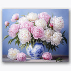 Paint by numbers design of peonies, ceramic vase, pink and white peonies, blue porcelain vase