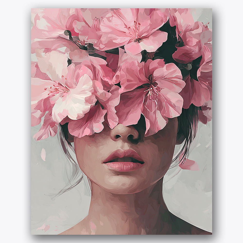 Paint by numbers design of flowers, woman's face, large pink flowers, soft color palette