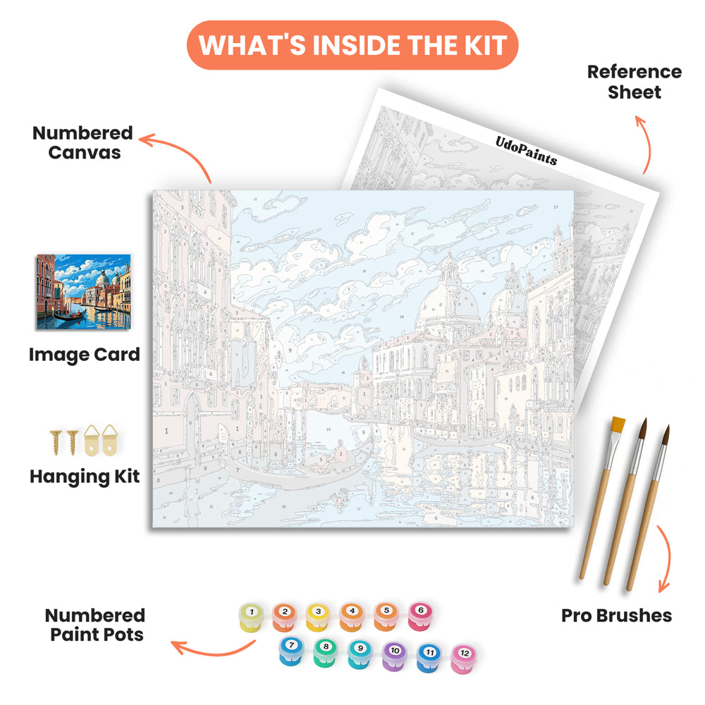 Venetian Canal Scene Paint by Numbers Kit – includes numbered canvas, paint pots, brushes, and instructions