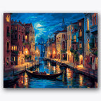 Paint by numbers design of Venice canal, gondolas, gondola on water, illuminated windows