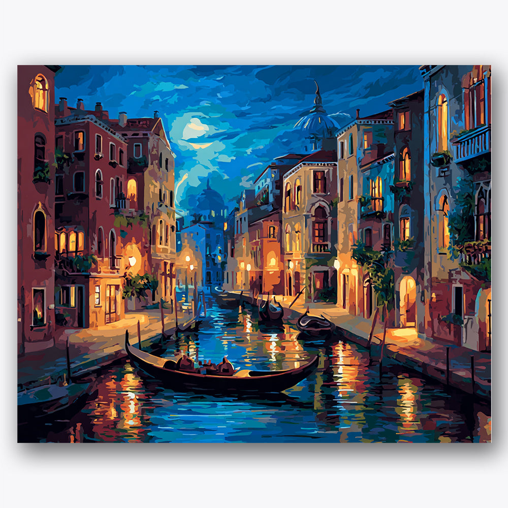 Paint by numbers design of Venice canal, gondolas, gondola on water, illuminated windows
