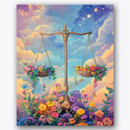 Paint by numbers design of balance scale, flowers, balance scale with flowers, vibrant sky full of stars