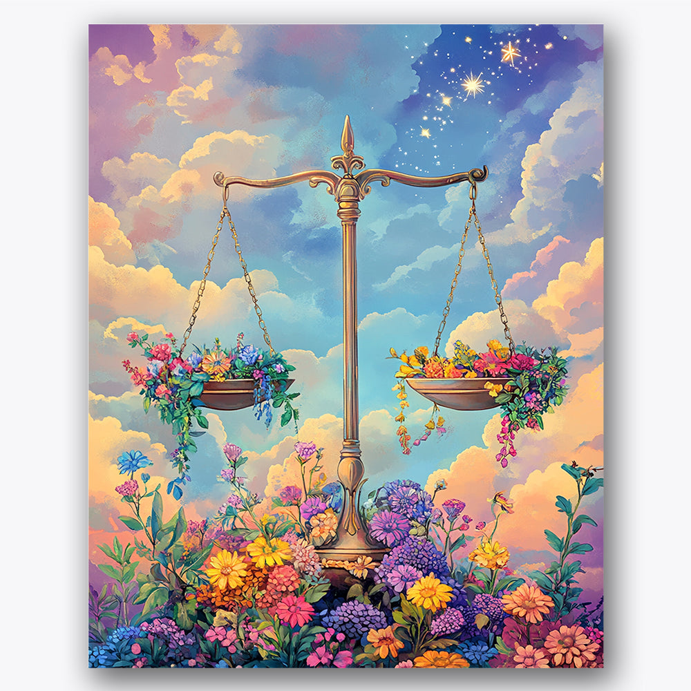 Paint by numbers design of balance scale, flowers, balance scale with flowers, vibrant sky full of stars