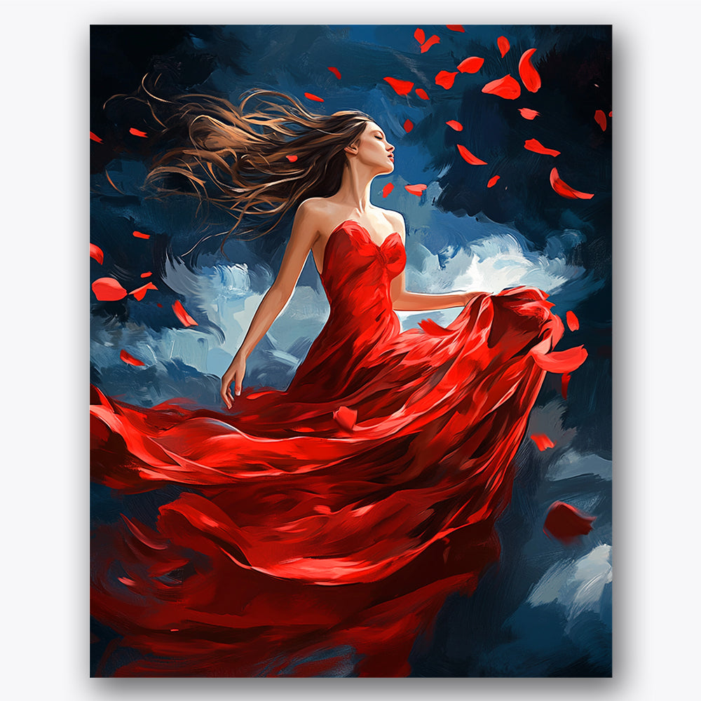 Paint by numbers design of woman, flowing red dress, flowing red dress, dynamic pose, A woman elegantly moves with the wind
