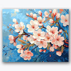 Paint by numbers design of cherry blossoms, branches, delicate pink petals, vibrant blue background