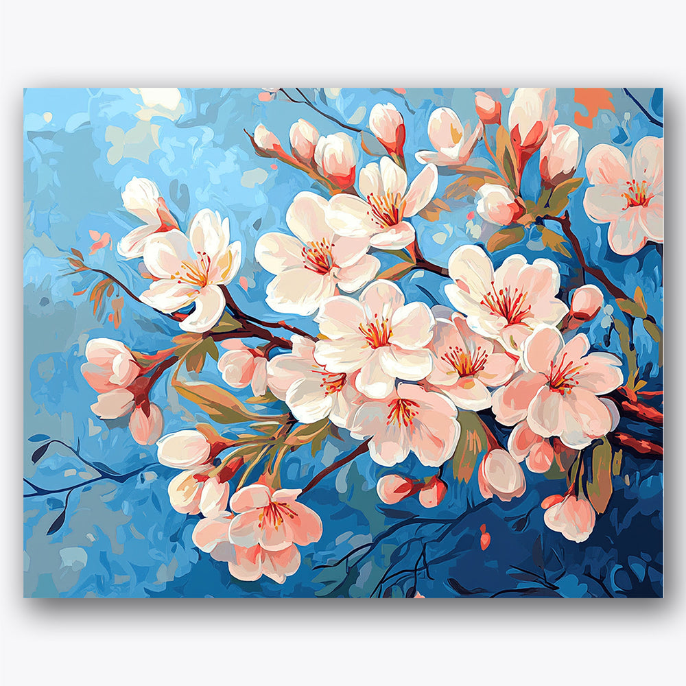 Paint by numbers design of cherry blossoms, branches, delicate pink petals, vibrant blue background