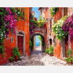 Colorful Italian street with flowers and buildings