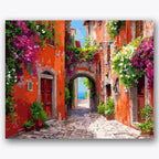 Paint by numbers design of alleyway, vibrant flowers, cobblestone pavement, bougainvillea vines