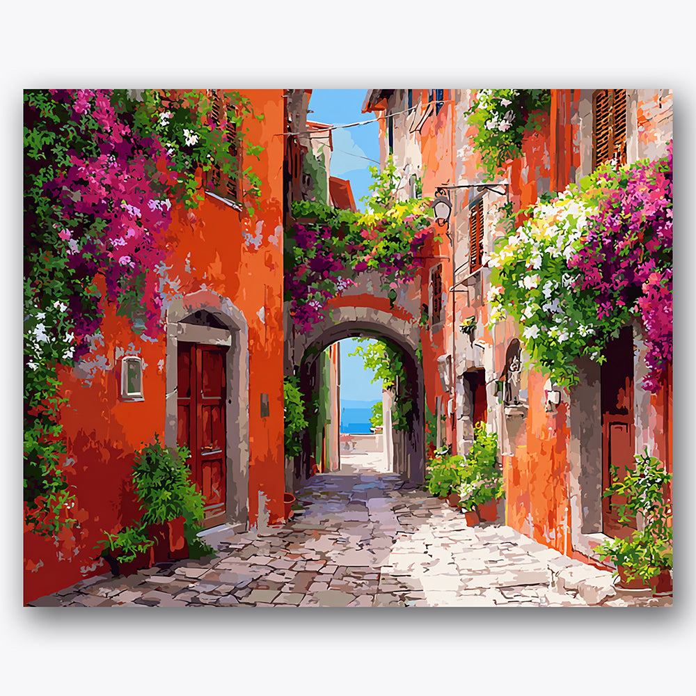 Paint by numbers design of alleyway, vibrant flowers, cobblestone pavement, bougainvillea vines