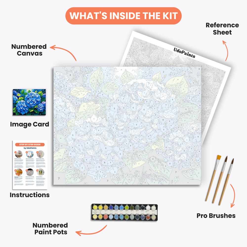 Vibrant Blue Hydrangeas Paint by Numbers Kit – includes numbered canvas, paint pots, brushes, and instructions