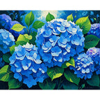Vibrant Blue Hydrangeas Paint by Numbers Kit design preview showing the full artwork layout before painting
