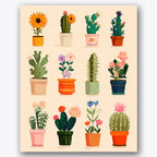 Paint by numbers design of potted cacti, flowers, variety of cactus shapes, different size flower pots
