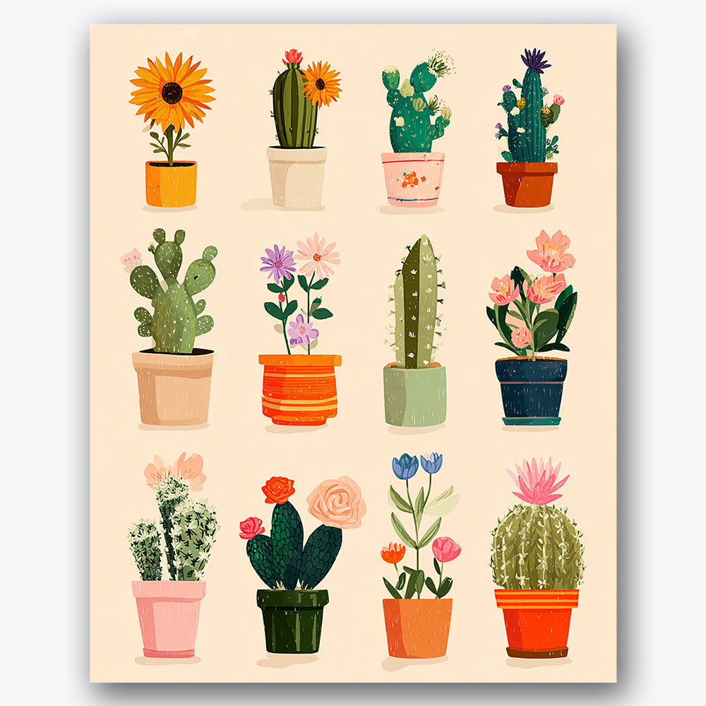 Paint by numbers design of potted cacti, flowers, variety of cactus shapes, different size flower pots