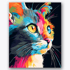 Paint by numbers design of cat, colorful fur, multicolor fur, vivid yellow eyes
