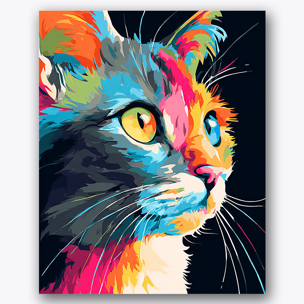 Paint by numbers design of cat, colorful fur, multicolor fur, vivid yellow eyes
