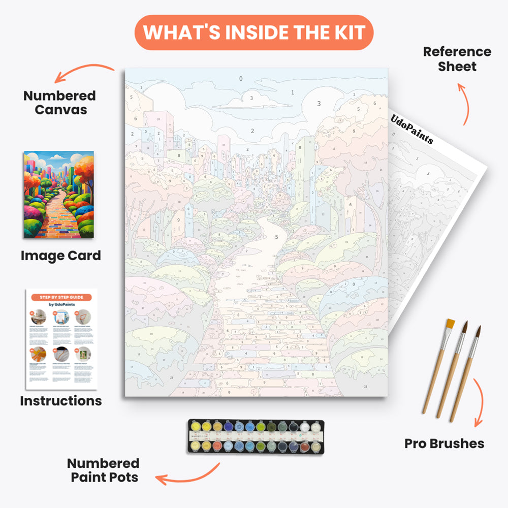 Vibrant City Pathway Paint by Numbers Kit – includes numbered canvas, paint pots, brushes, and instructions