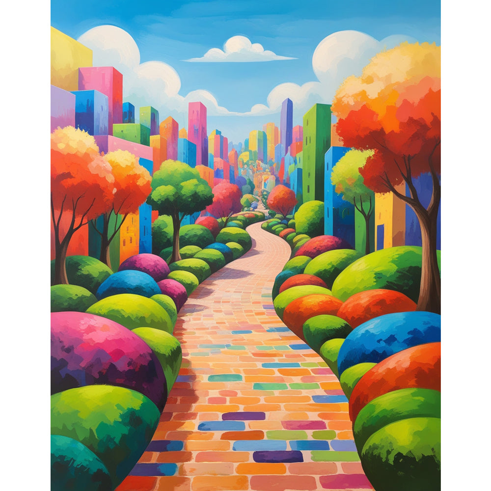 Vibrant City Pathway Paint by Numbers Kit design preview showing the full artwork layout before painting