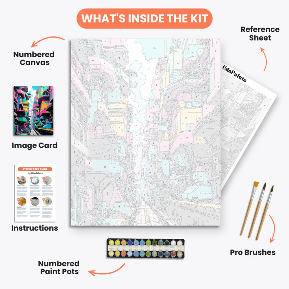 Vibrant Cityscape Paint by Numbers Kit – includes numbered canvas, paint pots, brushes, and instructions