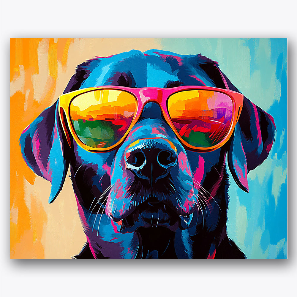 Paint by numbers design of dog, sunglasses, reflective sunglasses, vibrant color palette