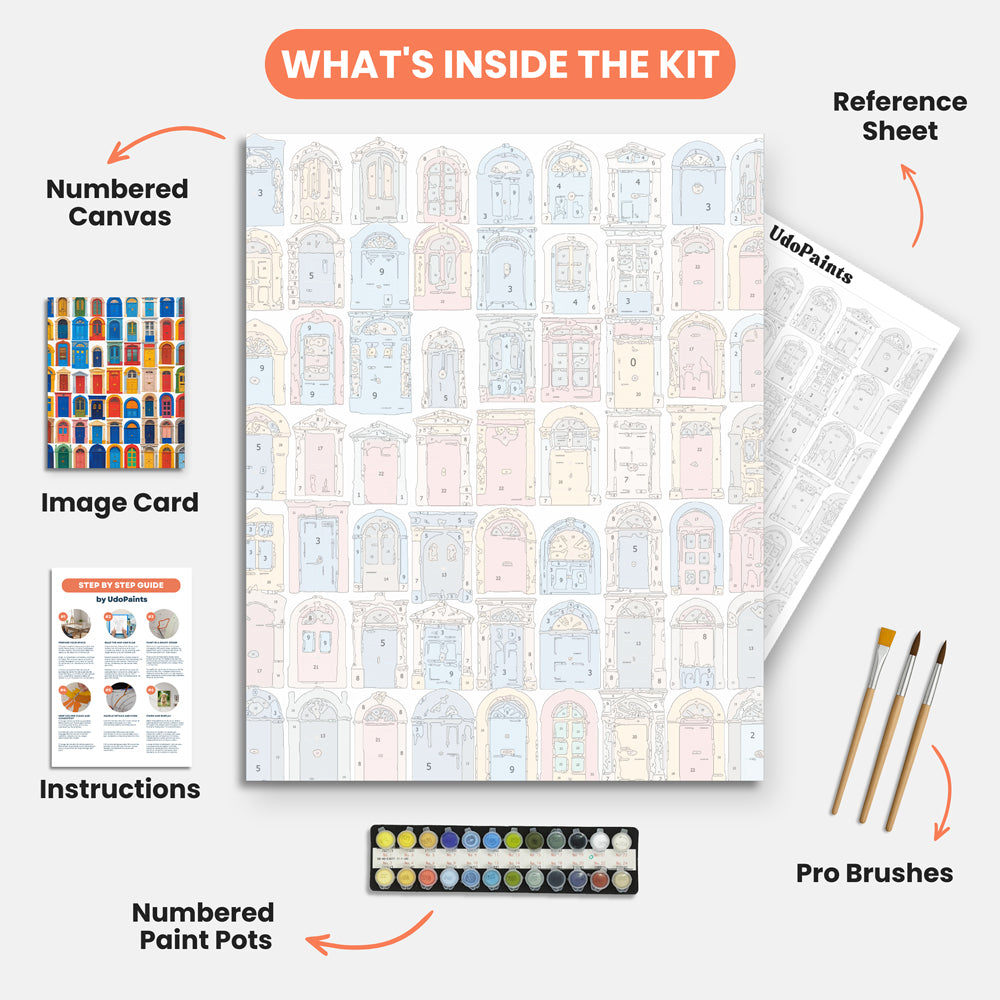 Vibrant Door Collection Paint by Numbers Kit – includes numbered canvas, paint pots, brushes, and instructions