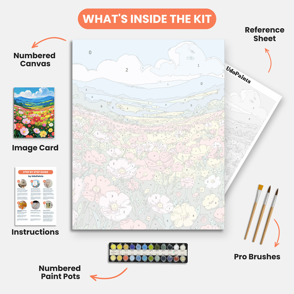 Vibrant Flower Meadow Paint by Numbers Kit – includes numbered canvas, paint pots, brushes, and instructions
