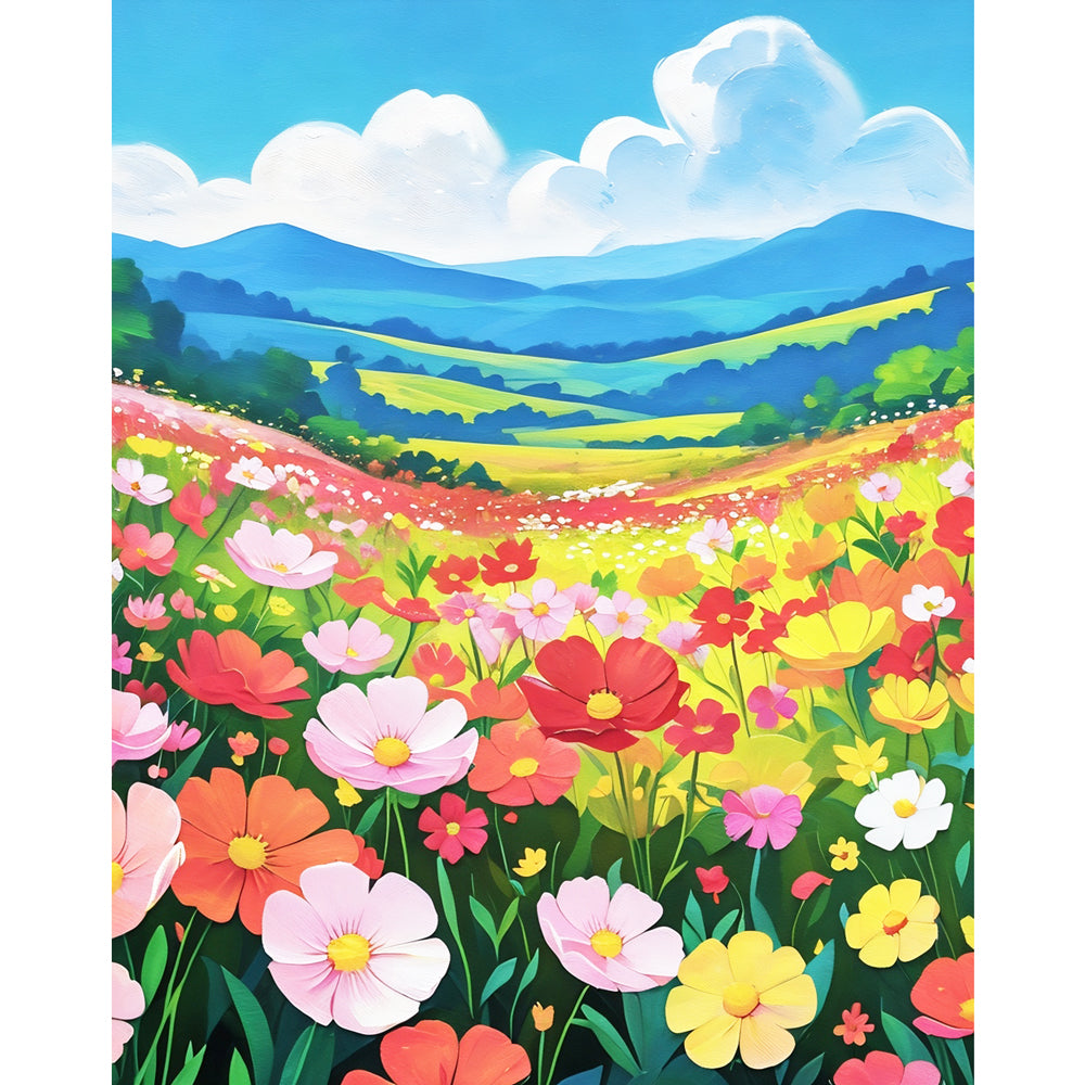 Vibrant Flower Meadow Paint by Numbers Kit design preview showing the full artwork layout before painting