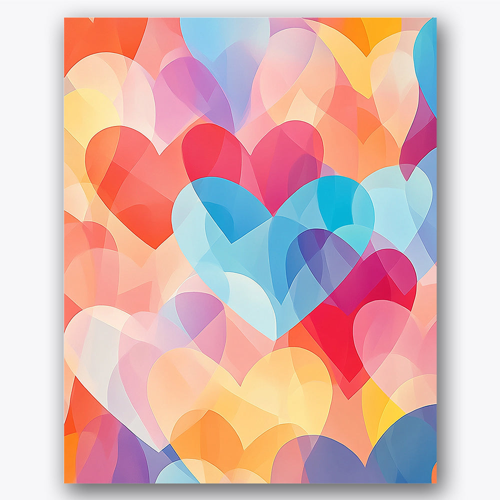 Paint by numbers design of hearts, abstract layers, overlapping heart shapes, vibrant color palette