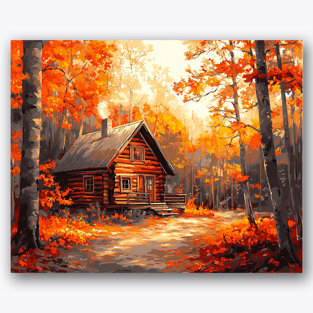 Paint by numbers design of cabin, autumn forest, vibrant orange leaves, smoke from chimney