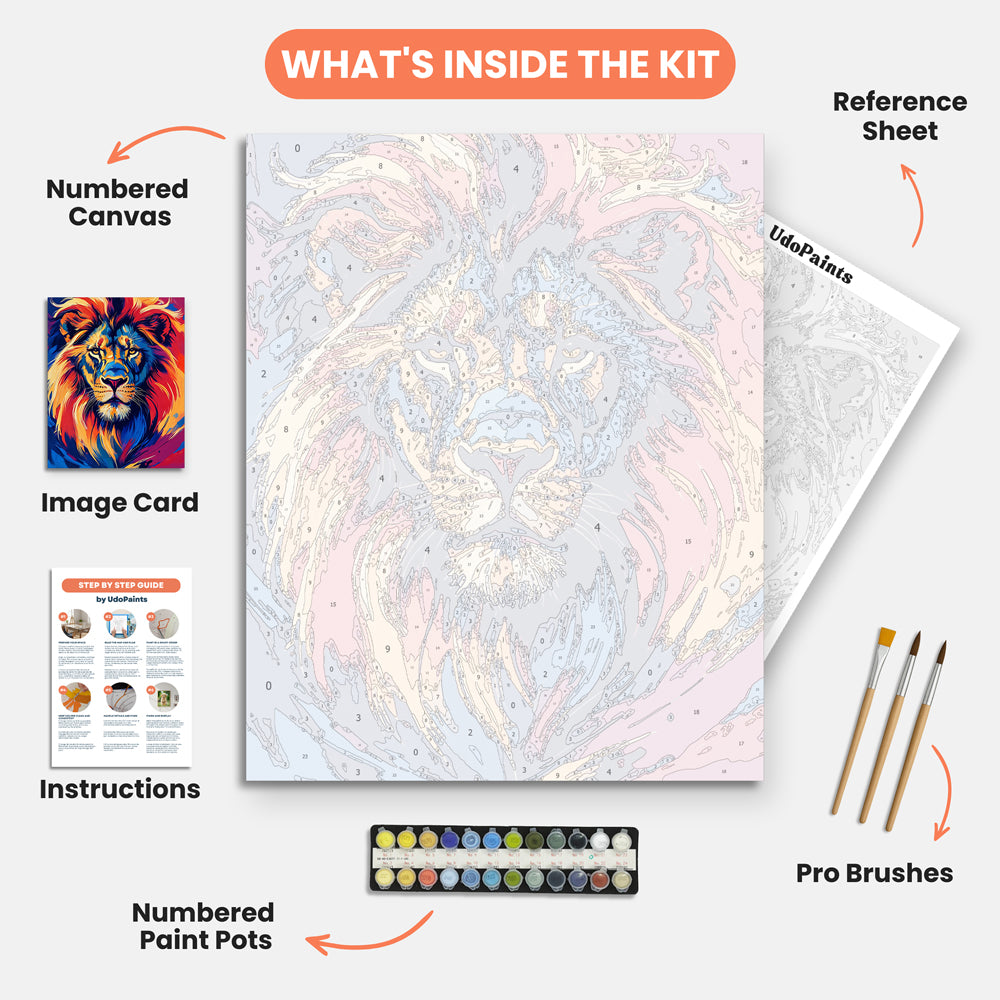 Vibrant Lion Majesty Paint by Numbers Kit – includes numbered canvas, paint pots, brushes, and instructions